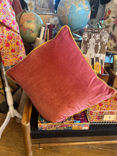 Rust Cotton Velvet Pillow w/ Mustard Color Piping, 24”