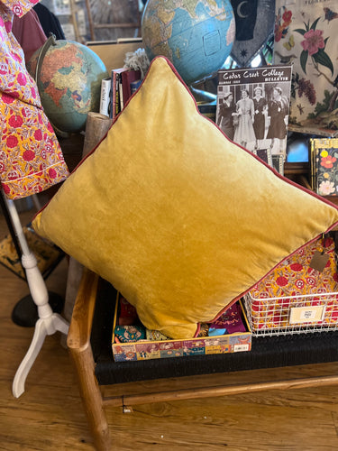 Mustard Cotton Velvet Pillow w/ Rust Color Piping, 24”