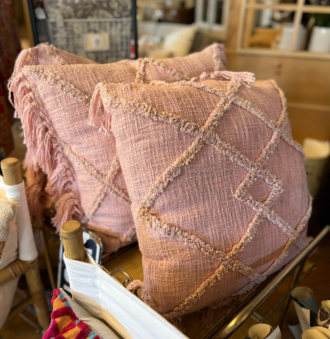 Peony Pink Cotton Blend Tufted Pattern and Fringe Pillow