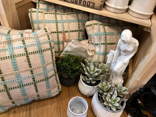 Woven Cotton & Wool Pillow with Grid Pattern
